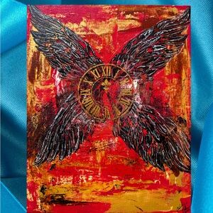Abstract Red and Black Winged Clock Canvas Art